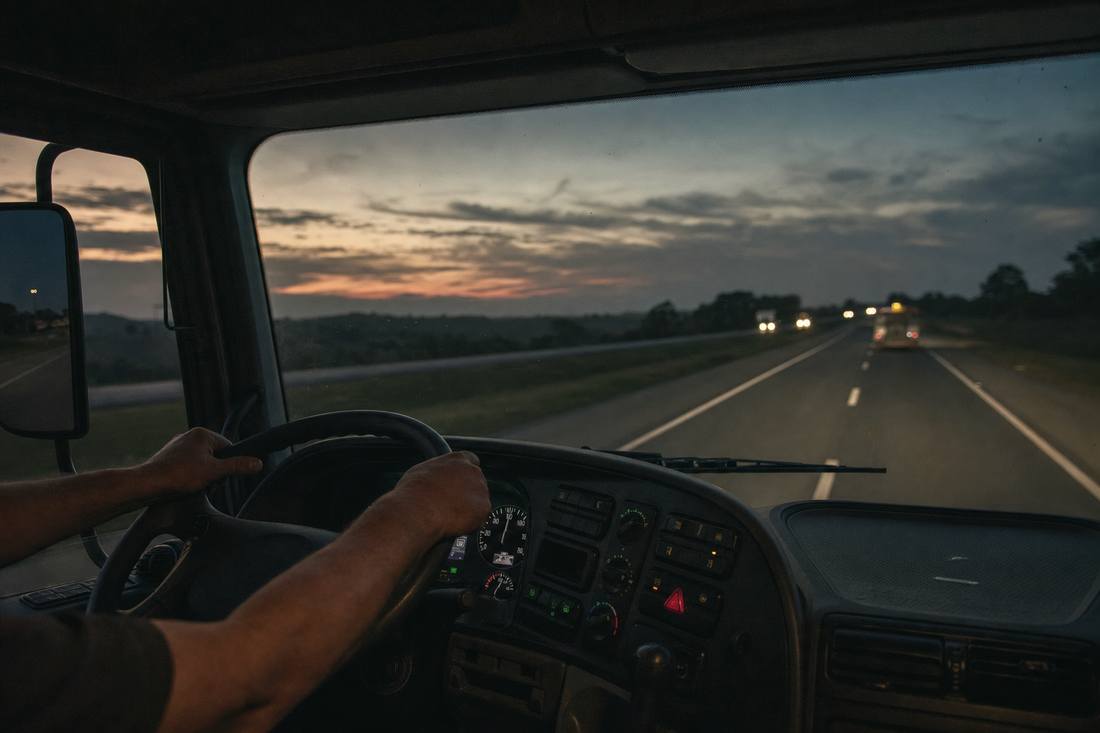 Vista de dentro da cabine, com as mãos no volante e a rodovia ao anoitecer